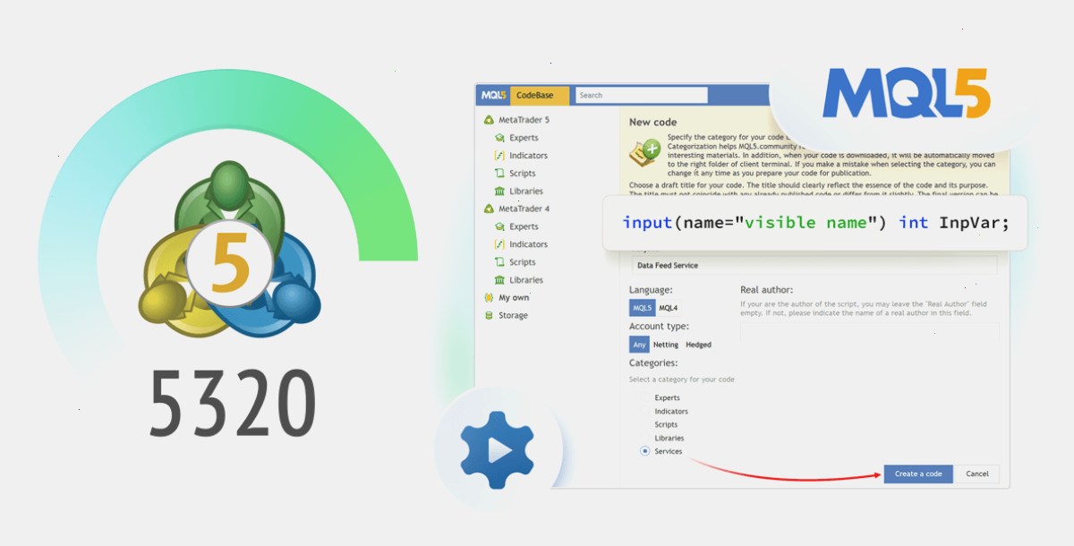 MT5_metatrader5官网_实用工具与辅助资源看盘操作效率站：新版 MetaTrader 5 平台 Build 5320：代码库中的服务和改进的 MQL5 输入变量操作（封面配图）